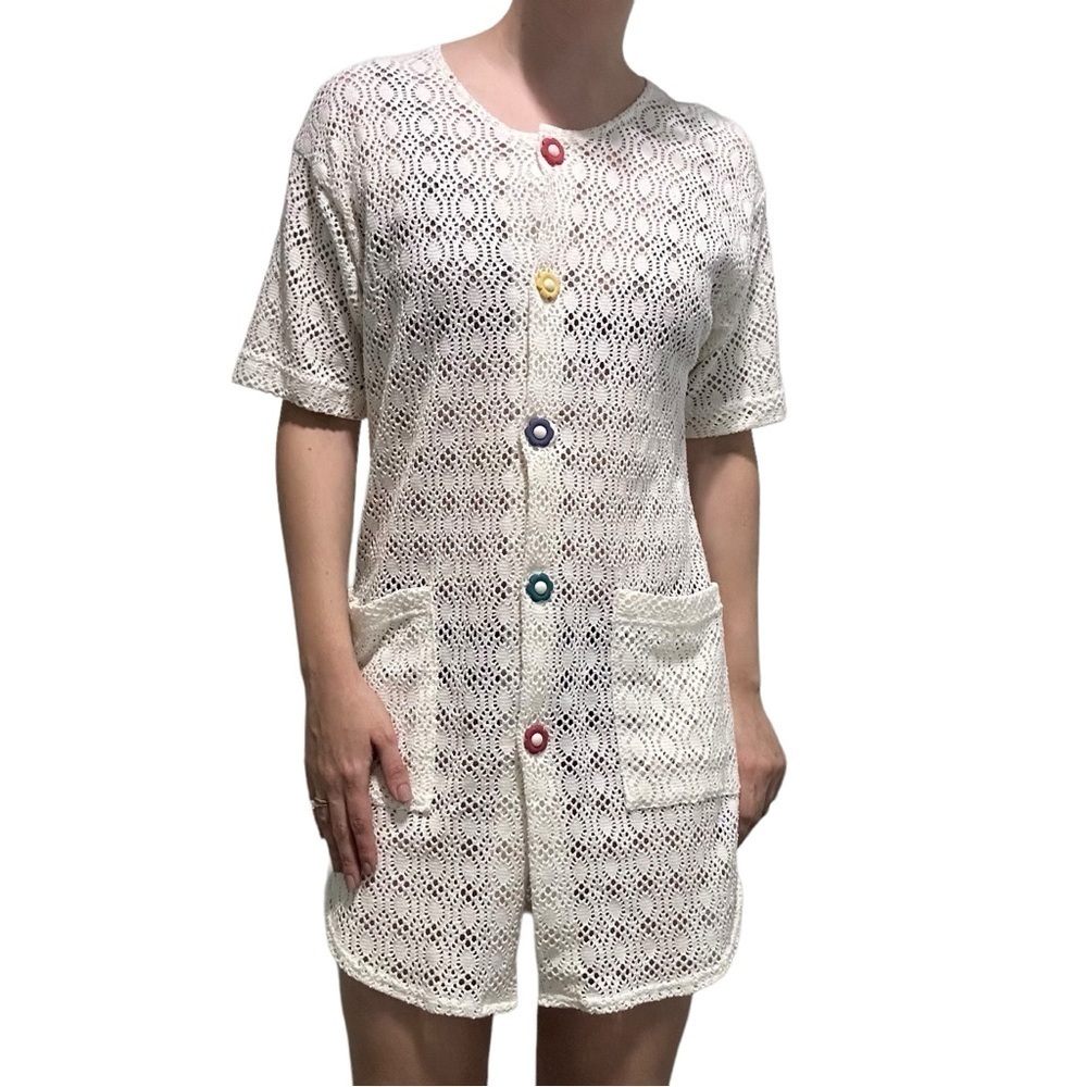 Vintage Coverup Dress White Knit Crochet Floral Boho Beach Kawaii Size Small